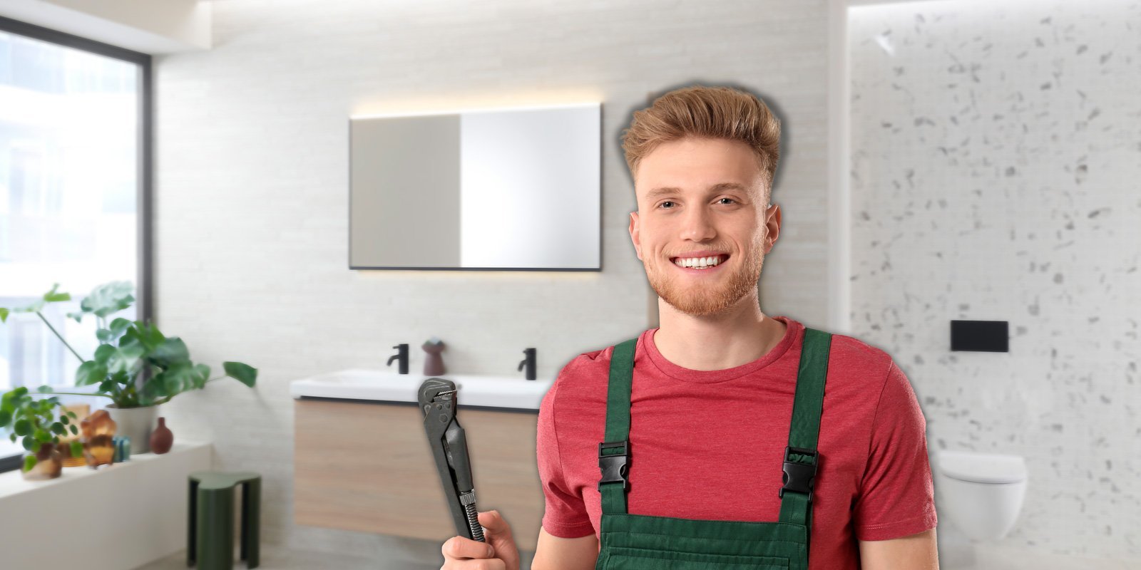Ein junger Handwerker mit einem Lächeln hält einen Schraubenschlüssel in einem modernen Badezimmer mit Pflanzen im Hintergrund.