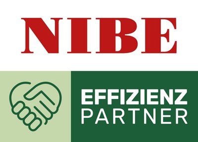 Das Logo zeigt den Schriftzug 'NIBE' in kräftigem Rot, darüber befindet sich ein grünes Feld mit dem Text 'EFFIZIENZ PARTNER'.