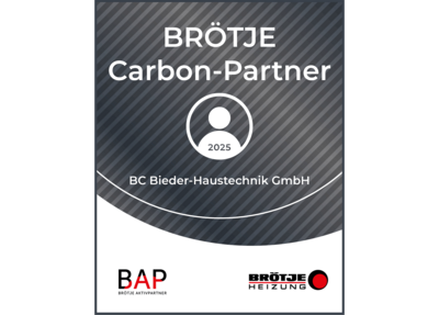 Ein Zertifikat von Brötje, das die BC Bieder-Haustechnik GmbH als Carbon-Partner für 2025 auszeichnet.