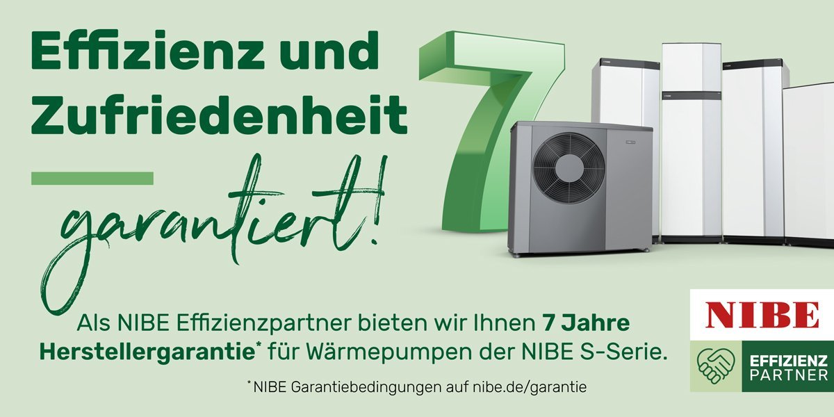 In der Anzeige wird eine 7-jährige Garantie für NIBE Wärmepumpen hervorgehoben, um Kundenvertrauen zu schaffen.