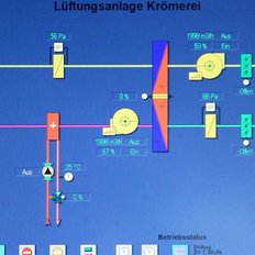 Die Steuerung der Lüftungsanlage zeigt verschiedene Temperaturwerte und Luftstromraten auf einem blauen Hintergrund.